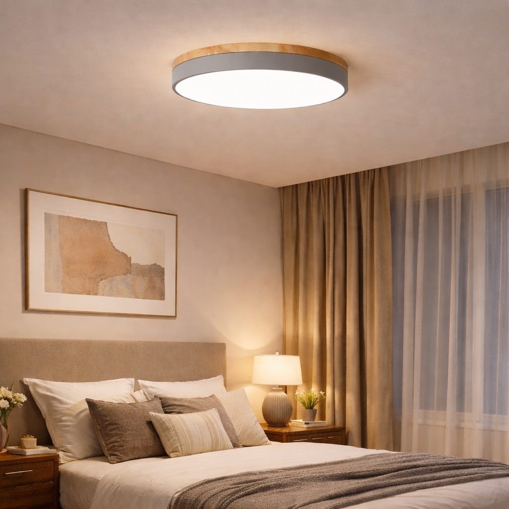 Modern Round Flush Ceiling Light with Wooden Frame and Acrylic Diffuser