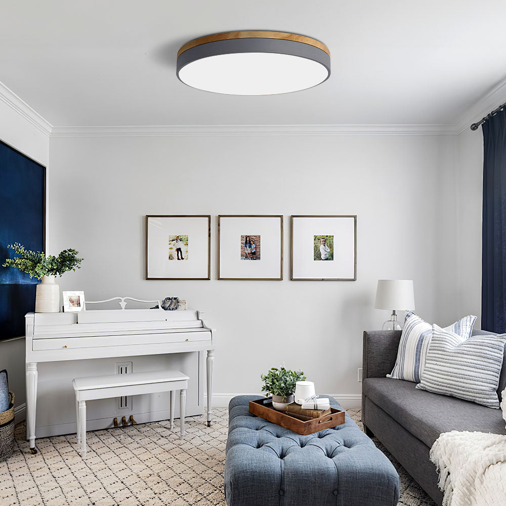 Modern Round Flush Ceiling Light with Wooden Frame and Acrylic Diffuser