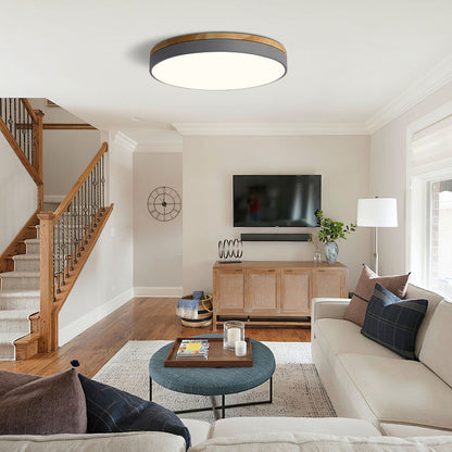 Modern Round Flush Ceiling Light with Wooden Frame and Acrylic Diffuser