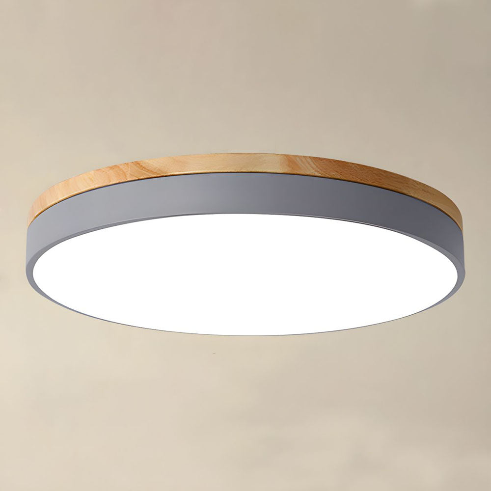 Modern Round Flush Ceiling Light with Wooden Frame and Acrylic Diffuser