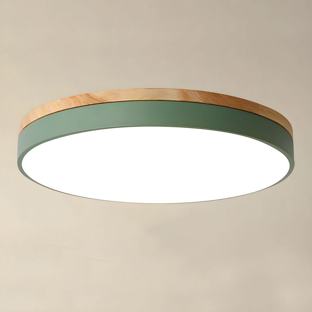 Modern Round Flush Ceiling Light with Wooden Frame and Acrylic Diffuser