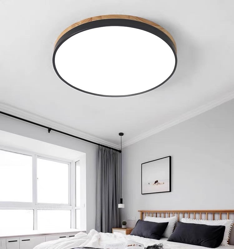 Modern Round Flush Ceiling Light with Wooden Frame and Acrylic Diffuser