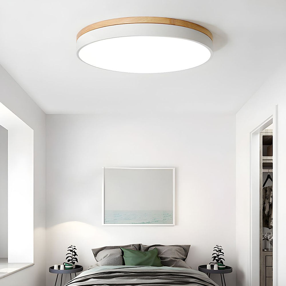 Modern Round Flush Ceiling Light with Wooden Frame and Acrylic Diffuser