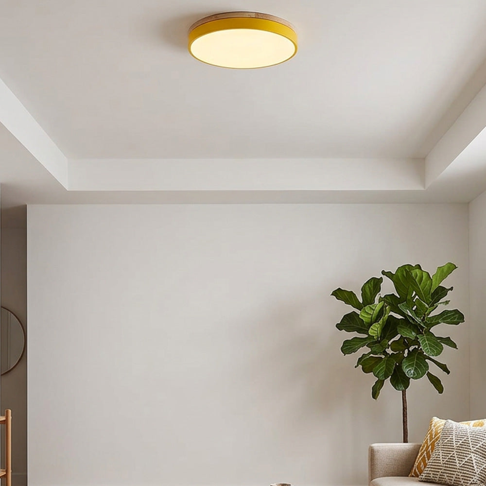 Modern Round Flush Ceiling Light with Wooden Frame and Acrylic Diffuser