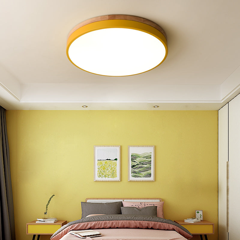 Modern Round Flush Ceiling Light with Wooden Frame and Acrylic Diffuser