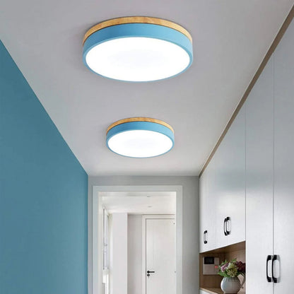 Modern Round Flush Ceiling Light with Wooden Frame and Acrylic Diffuser