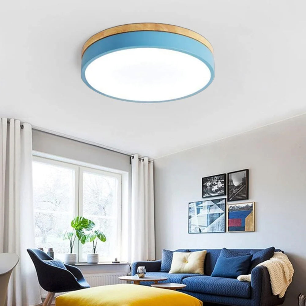 Modern Round Flush Ceiling Light with Wooden Frame and Acrylic Diffuser
