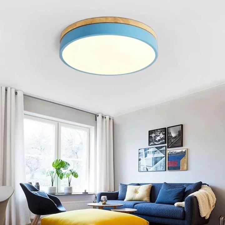 Modern Round Flush Ceiling Light with Wooden Frame and Acrylic Diffuser