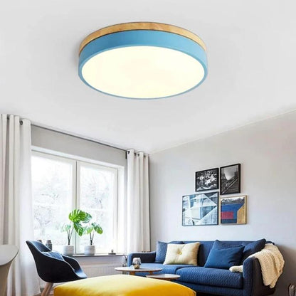 Modern Round Flush Ceiling Light with Wooden Frame and Acrylic Diffuser