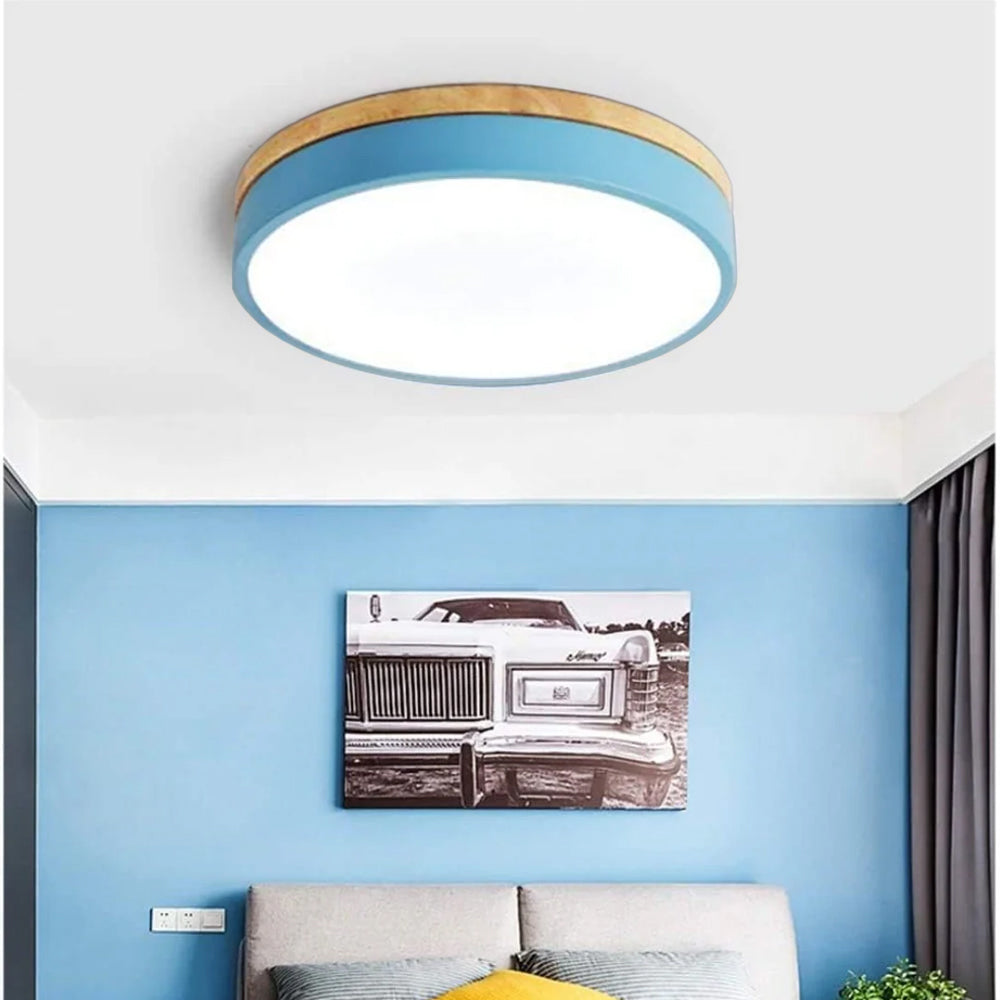 Modern Round Flush Ceiling Light with Wooden Frame and Acrylic Diffuser
