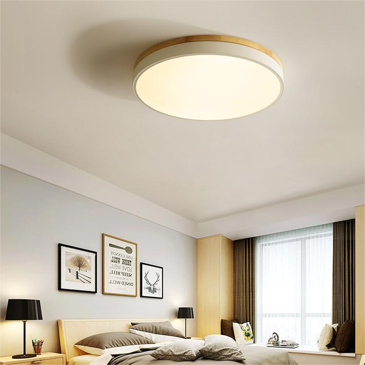 Modern Round Flush Ceiling Light with Wooden Frame and Acrylic Diffuser