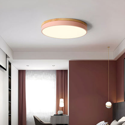 Modern Round Flush Ceiling Light with Wooden Frame and Acrylic Diffuser