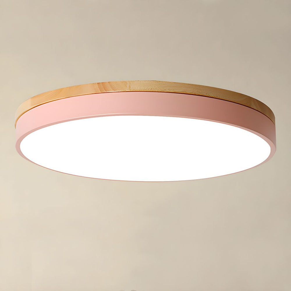 Modern Round Flush Ceiling Light with Wooden Frame and Acrylic Diffuser