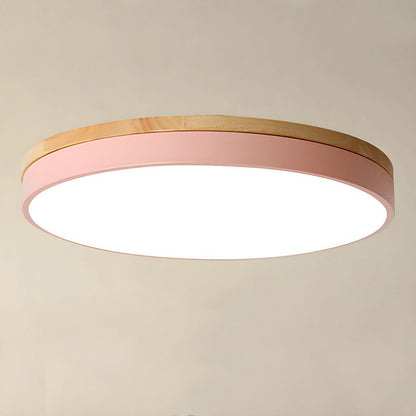 Modern Round Flush Ceiling Light with Wooden Frame and Acrylic Diffuser