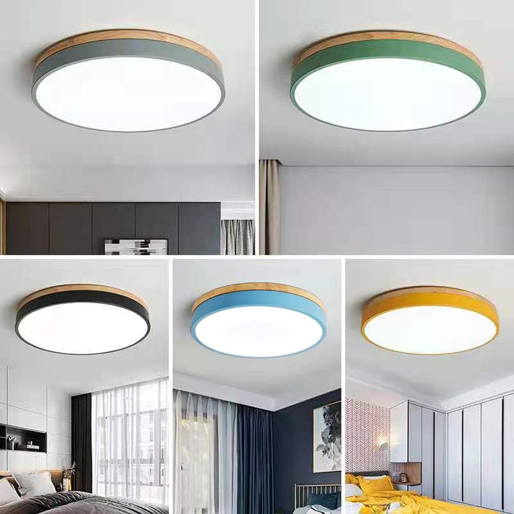 Modern Round Flush Ceiling Light with Wooden Frame and Acrylic Diffuser