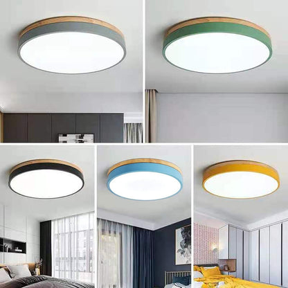 Modern Round Flush Ceiling Light with Wooden Frame and Acrylic Diffuser