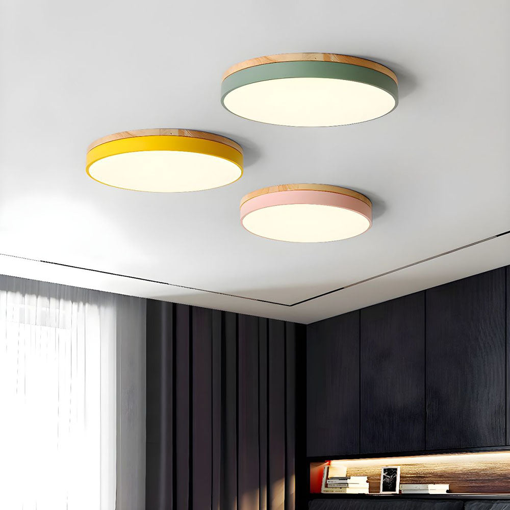 Modern Round Flush Ceiling Light with Wooden Frame and Acrylic Diffuser