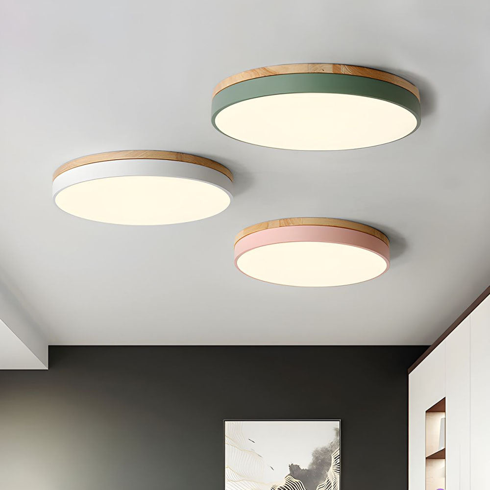 Modern Round Flush Ceiling Light with Wooden Frame and Acrylic Diffuser