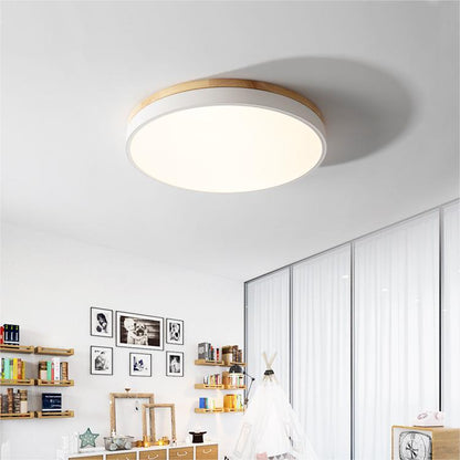Modern Round Flush Ceiling Light with Wooden Frame and Acrylic Diffuser