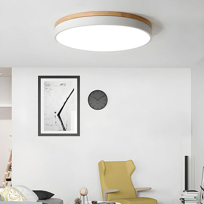 Modern Round Flush Ceiling Light with Wooden Frame and Acrylic Diffuser