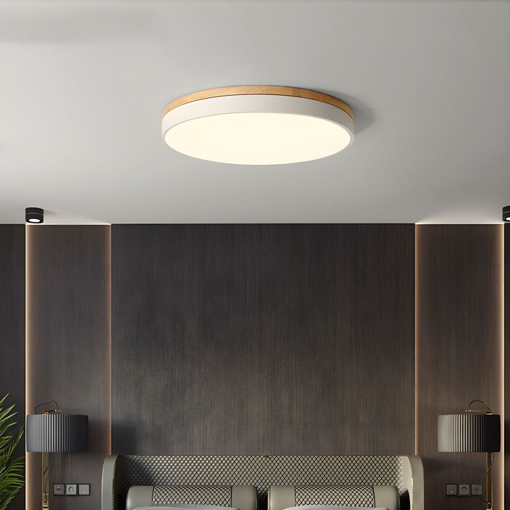 Modern Round Flush Ceiling Light with Wooden Frame and Acrylic Diffuser