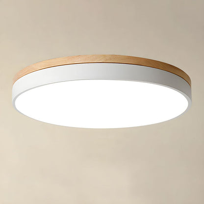 Modern Round Flush Ceiling Light with Wooden Frame and Acrylic Diffuser