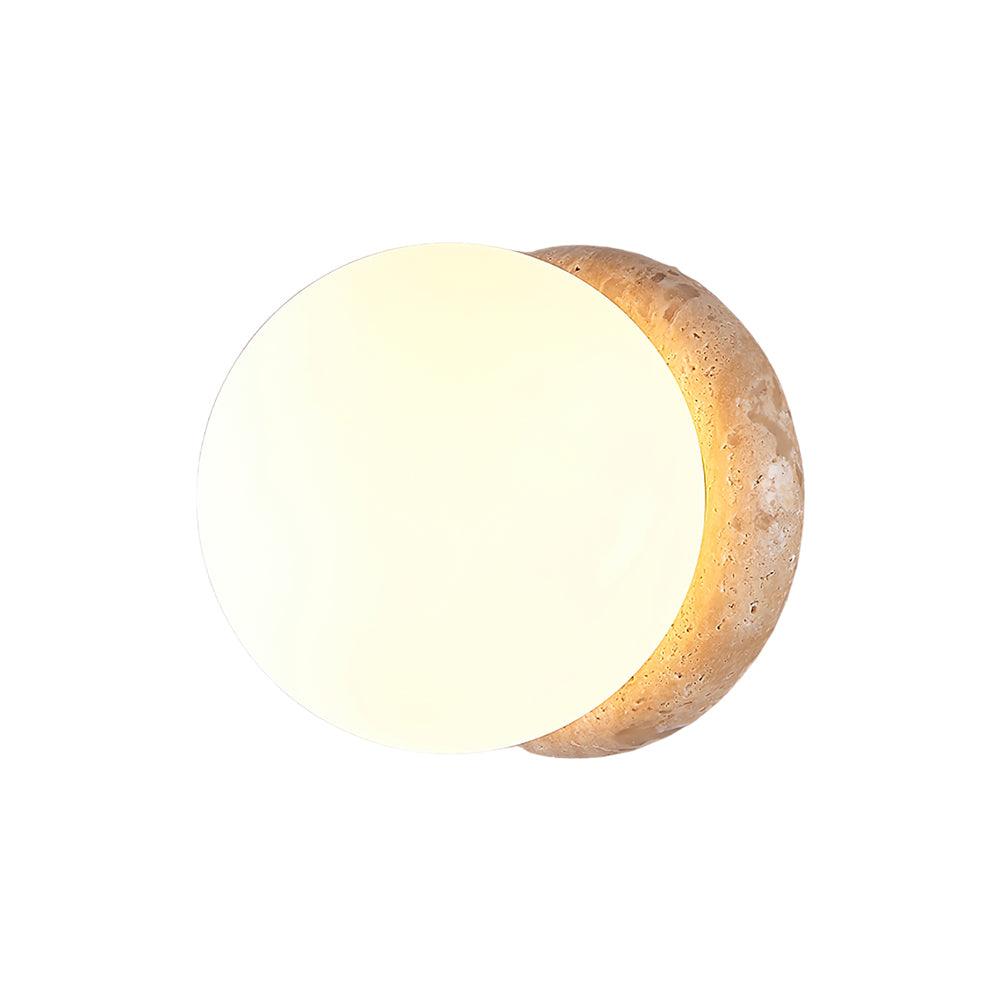 Modern Round Wall Lamp with Travertine Stone Base and Frosted Glass Shade