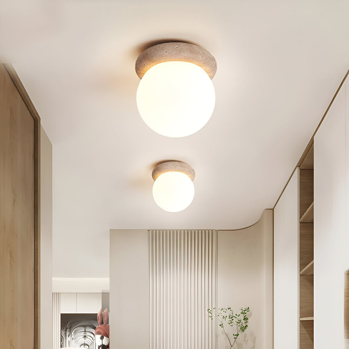 Modern Round Wall Lamp with Travertine Stone Base and Frosted Glass Shade