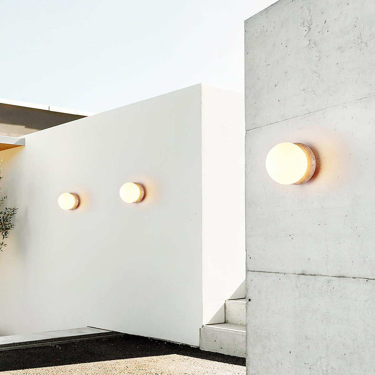 Modern Round Wall Lamp with Travertine Stone Base and Frosted Glass Shade