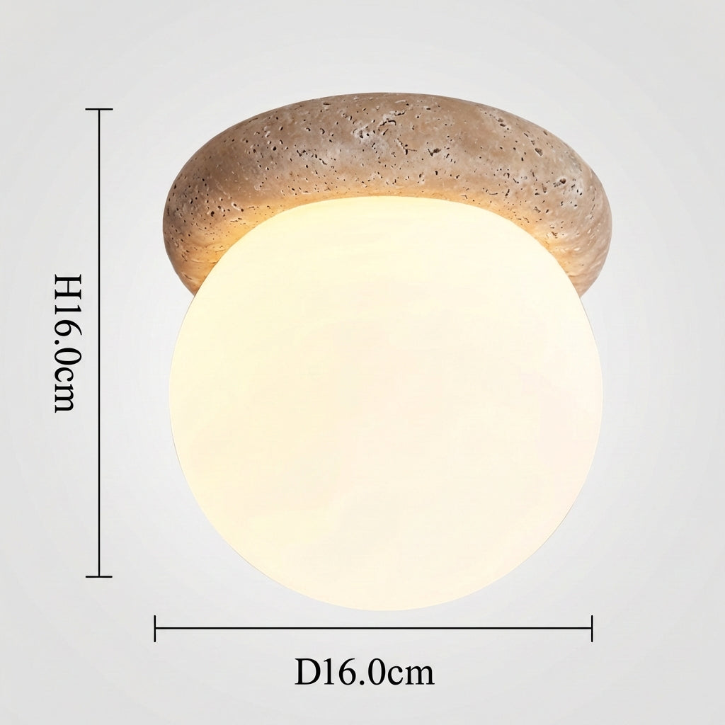 Modern Round Wall Lamp with Travertine Stone Base and Frosted Glass Shade