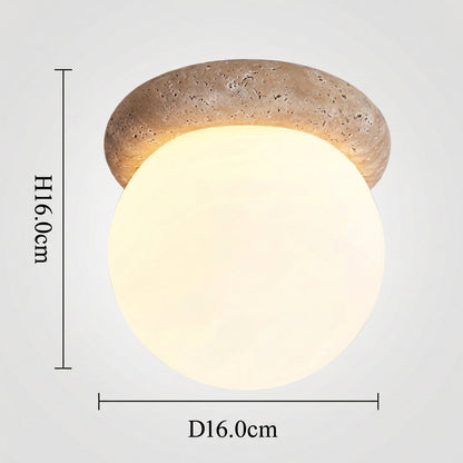 Modern Round Wall Lamp with Travertine Stone Base and Frosted Glass Shade