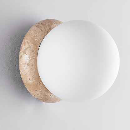 Modern Round Wall Lamp with Travertine Stone Base and Frosted Glass Shade