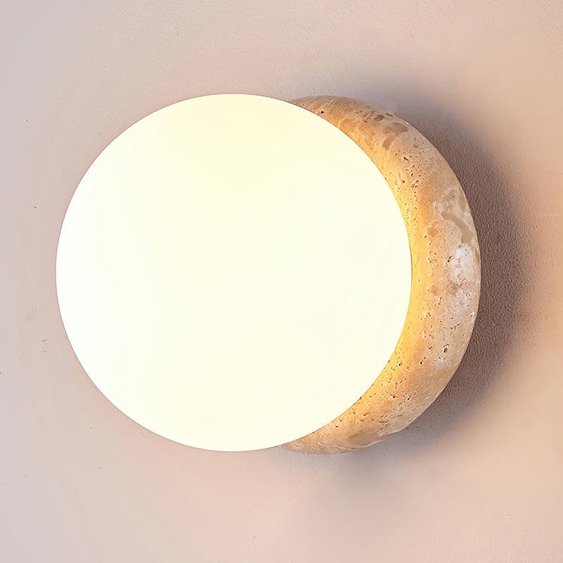 Modern Round Wall Lamp with Travertine Stone Base and Frosted Glass Shade