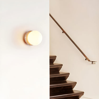 Modern Round Wall Lamp with Travertine Stone Base and Frosted Glass Shade