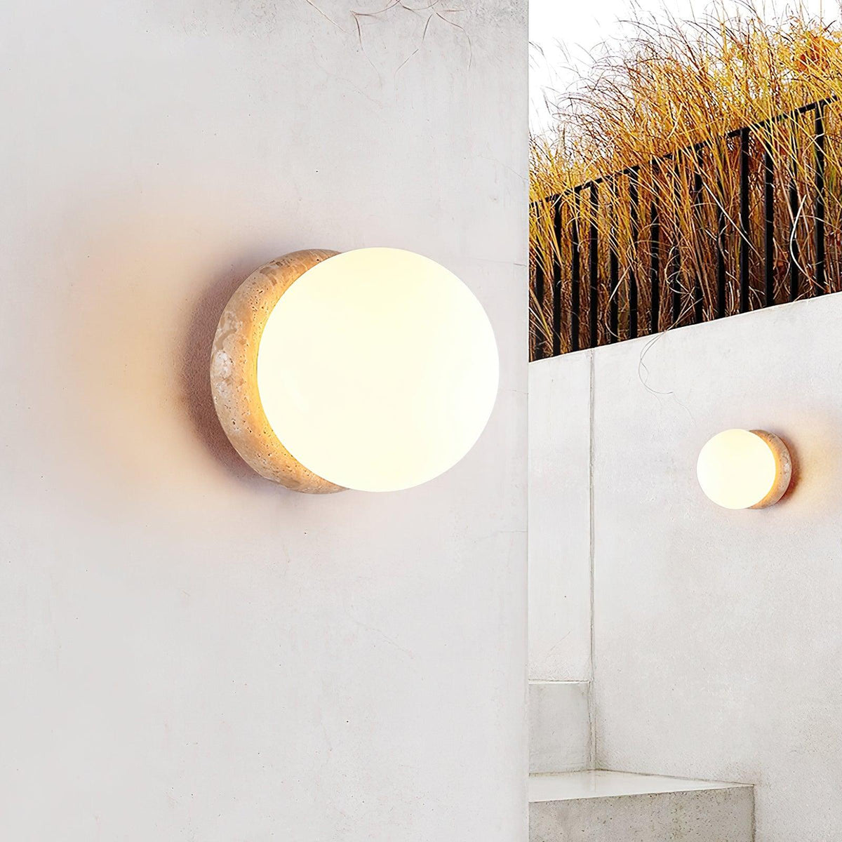 Modern Round Wall Lamp with Travertine Stone Base and Frosted Glass Shade