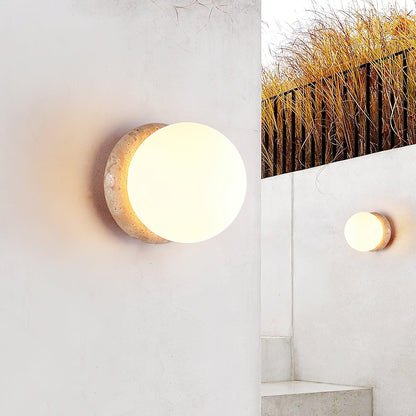 Modern Round Wall Lamp with Travertine Stone Base and Frosted Glass Shade