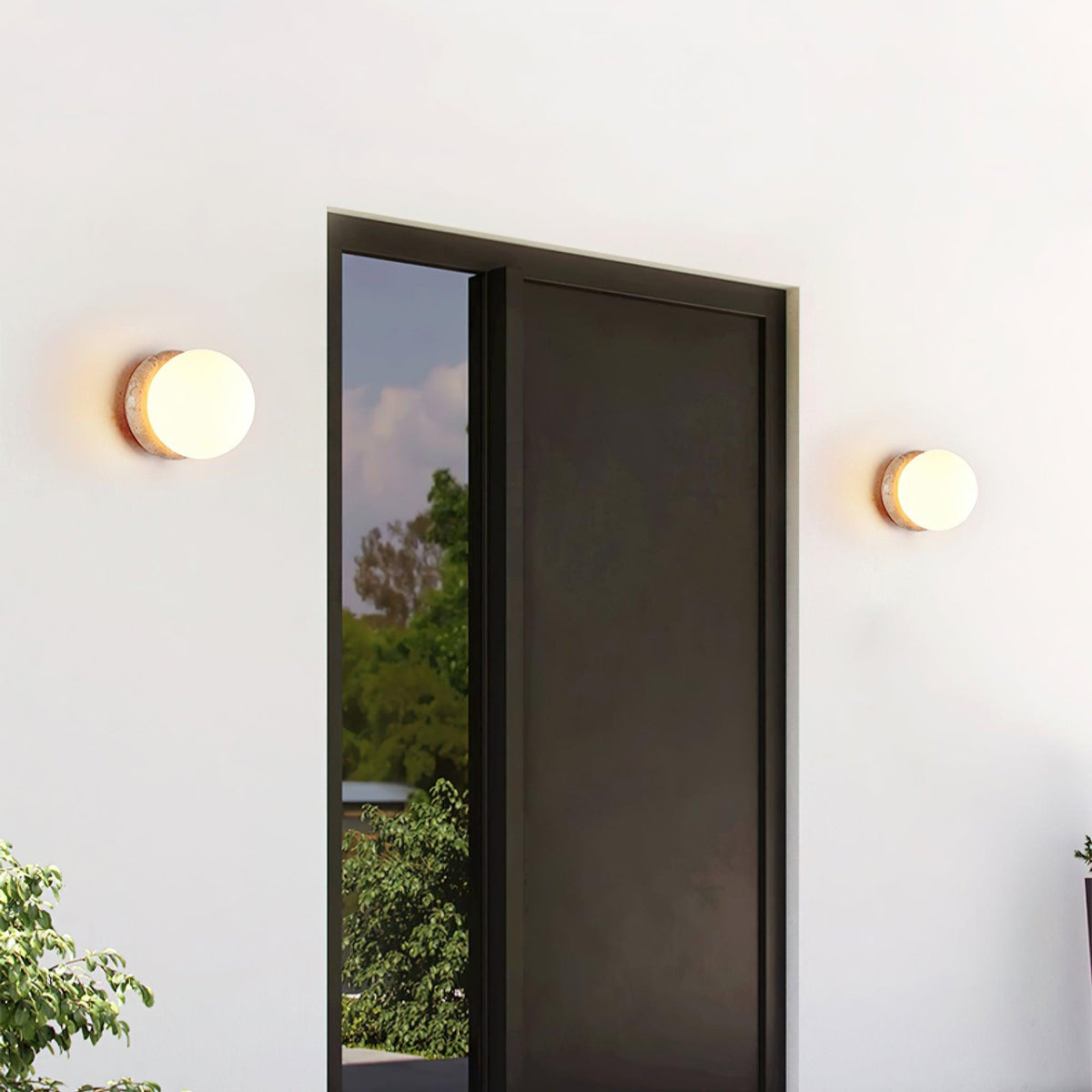 Modern Round Wall Lamp with Travertine Stone Base and Frosted Glass Shade