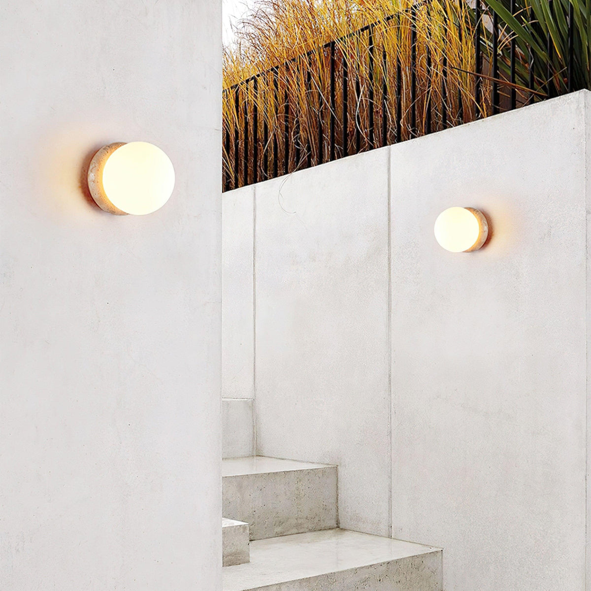 Modern Round Wall Lamp with Travertine Stone Base and Frosted Glass Shade