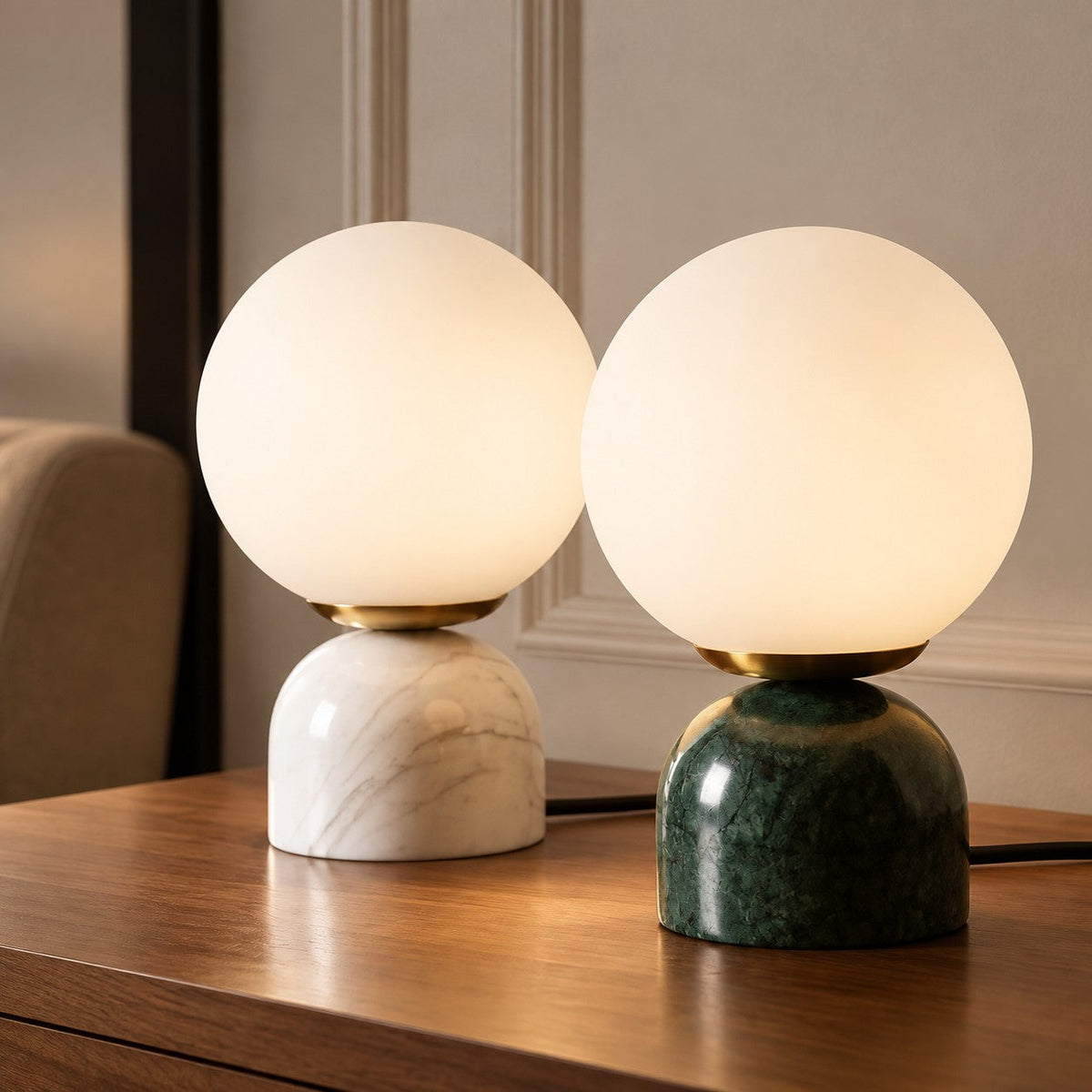 Modern Table Lamp with Marble Base and Globe Glass Shade
