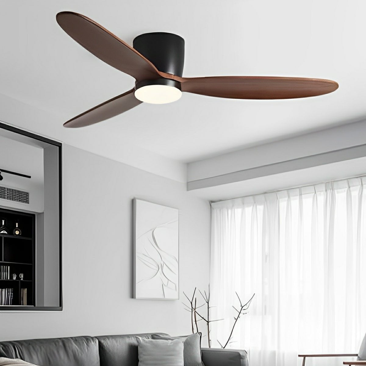 Modern Wood Grain Ceiling Fan with LED Light and 6-Speed Inverter Motor