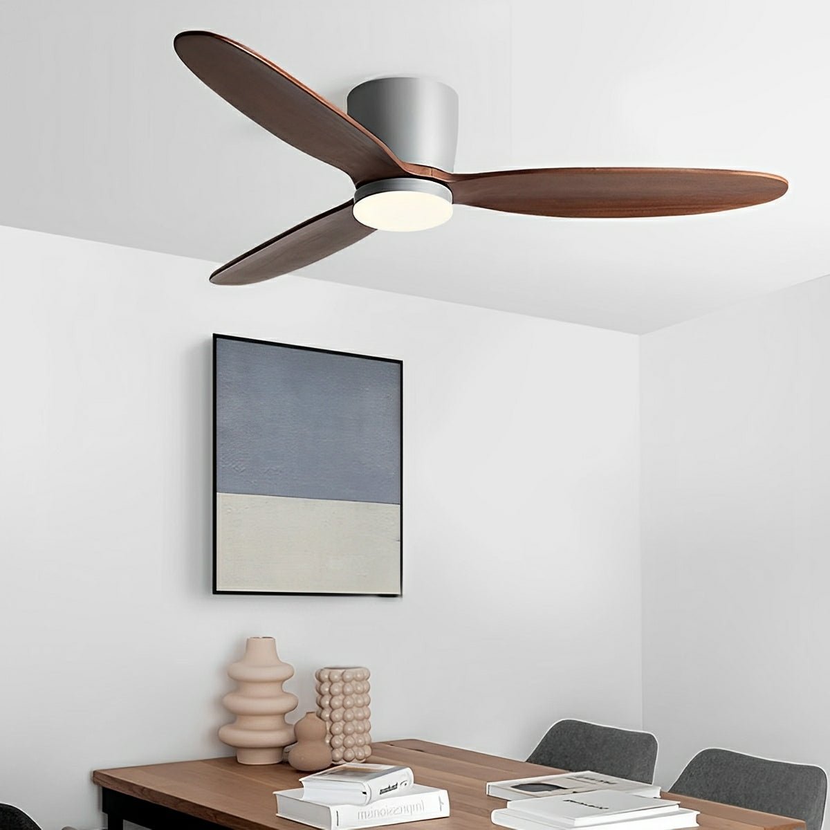 Modern Wood Grain Ceiling Fan with LED Light and 6-Speed Inverter Motor
