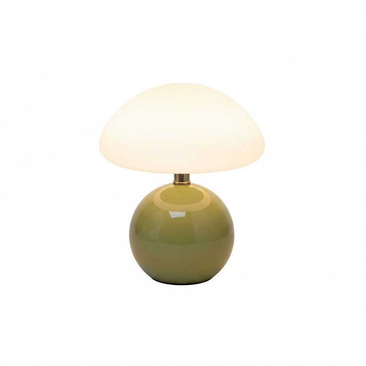 Mushroom Table Lamp Retro with Round Ceramic Base and Glass Shade