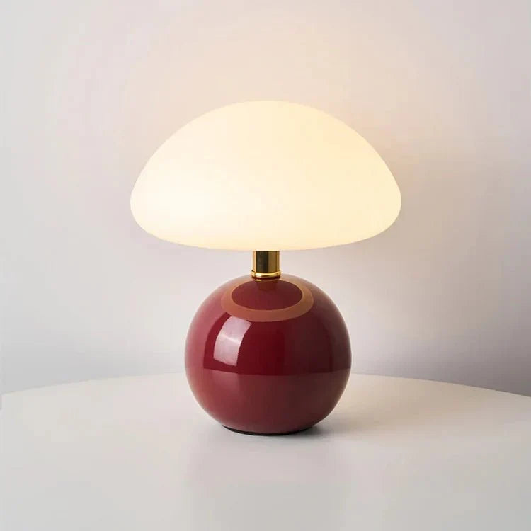 Mushroom Table Lamp Retro with Round Ceramic Base and Glass Shade