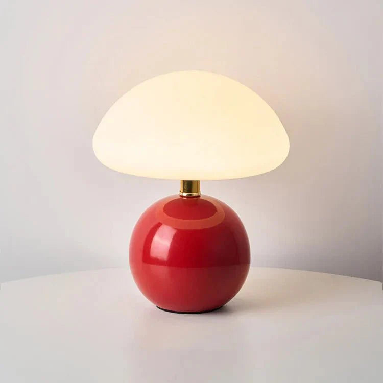 Mushroom Table Lamp Retro with Round Ceramic Base and Glass Shade