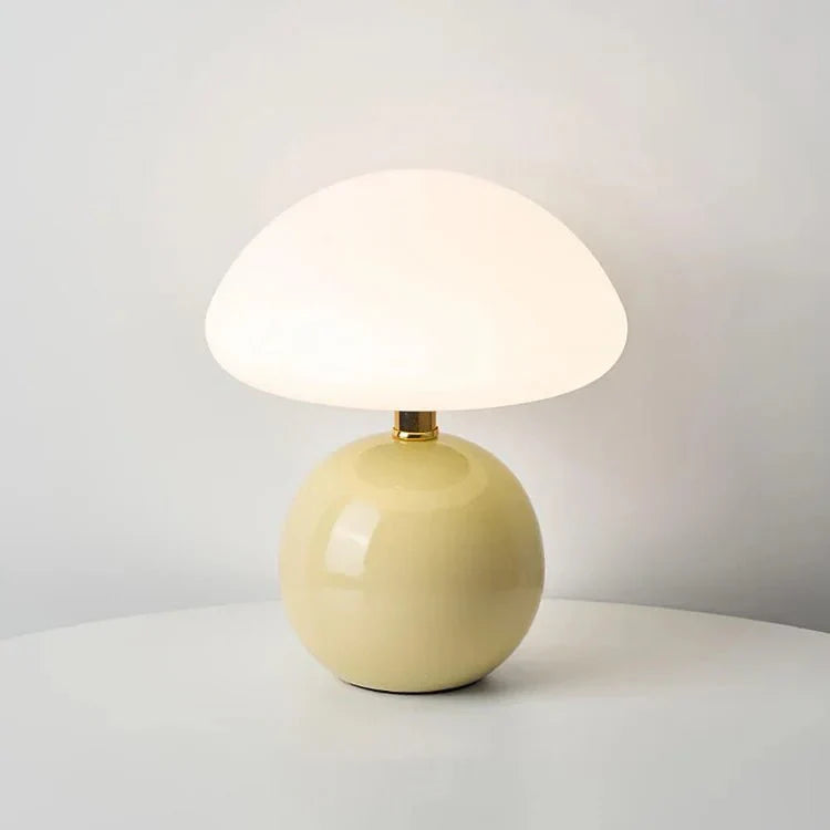 Mushroom Table Lamp Retro with Round Ceramic Base and Glass Shade