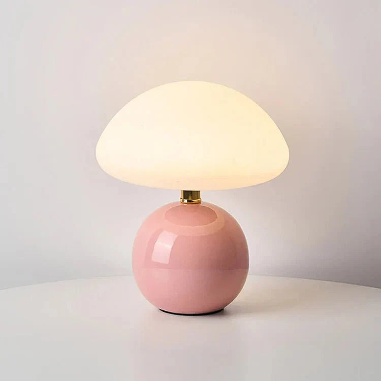 Mushroom Table Lamp Retro with Round Ceramic Base and Glass Shade