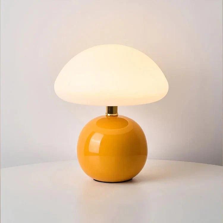 Mushroom Table Lamp Retro with Round Ceramic Base and Glass Shade