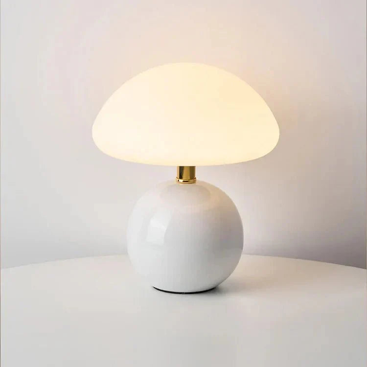 Mushroom Table Lamp Retro with Round Ceramic Base and Glass Shade