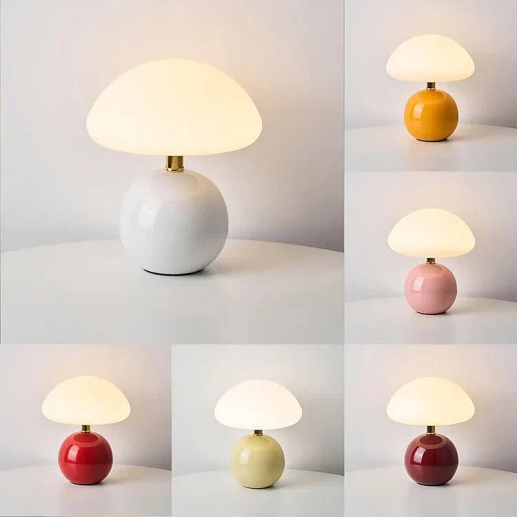 Mushroom Table Lamp Retro with Round Ceramic Base and Glass Shade