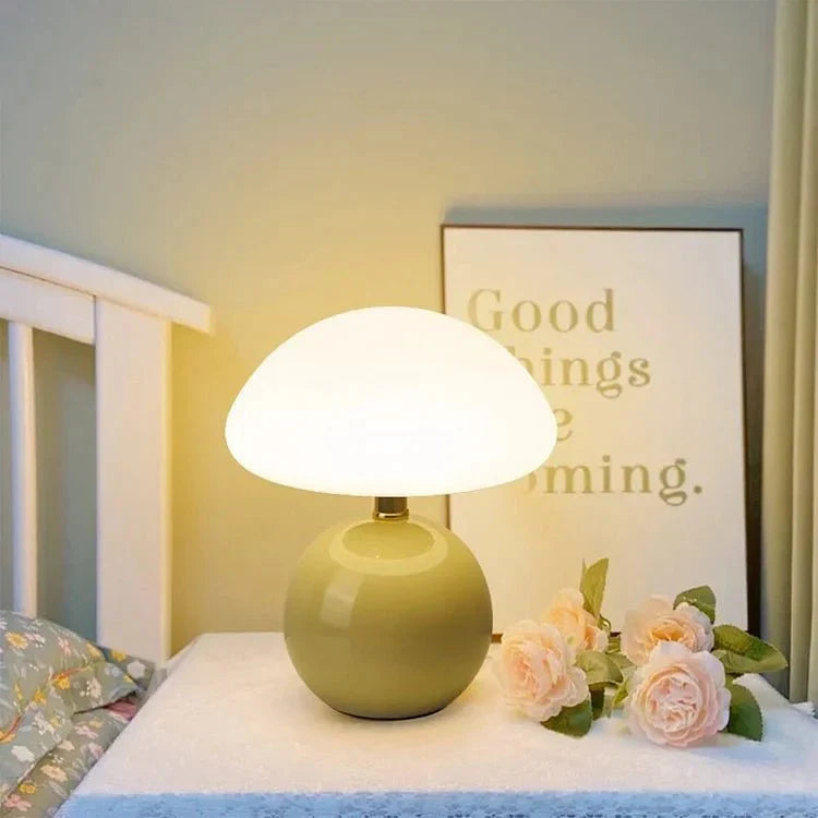 Mushroom Table Lamp Retro with Round Ceramic Base and Glass Shade